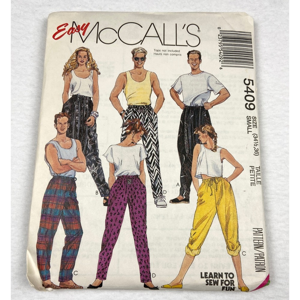Vintage 1991 McCalls 5409 Sewing Pattern Unisex Baggy Pants Hammer Pants Small